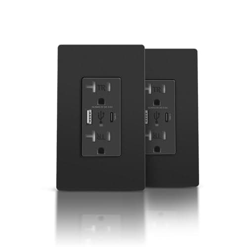 TOPELER Wall Outlet with USB C Port, 4.8A High Speed Charging Capability, 20 Amp TR Wall Socket with Dual USB Port, Screwless Plate Include, ETL Listed & FCC Approval, Black, 2Pack main view
