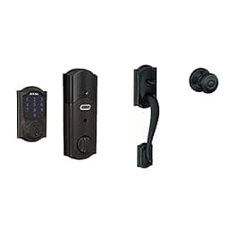 SCHLAGE BE469ZP CAM 716 SCHLAGE Connect Smart Deadbolt with Alarm Inbuilt Camelot Trim in Aged Bronze & Lock Company Camelot Front Entry Handle Georgian Interior Knob (Aged Bronze) FE285 CAM 716 GEO photo