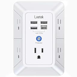 USB Wall Charger，LVETEK Surge Protector 5 Outlet Extender with 4 USB Ports photo