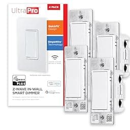 UltraPro 700 Series Z-Wave in-Wall Smart Rocker Light Dimmer with QuickFit & SimpleWire, 3-Way Ready, Works with Alexa, Google Assistant, Z-Wave Hub Required, Smart Home, Voice Control, 4 Pack photo