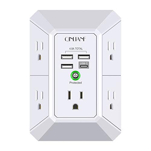 Wall Charger, Surge Protector, QINLIANF 5 Outlet Extender with 4 USB Charging Ports (4.8A Total) 3-Sided 1680J Power Strip Multi Plug Adapter Spaced for Home Travel Office (3U1C) main view